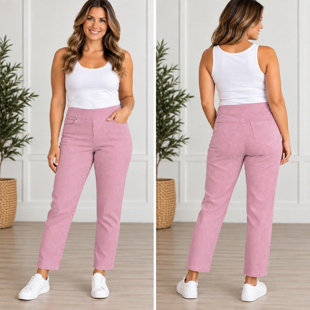 NEW Mario Serrani Italy Pink White Striped Pull On Slim Pants Medium